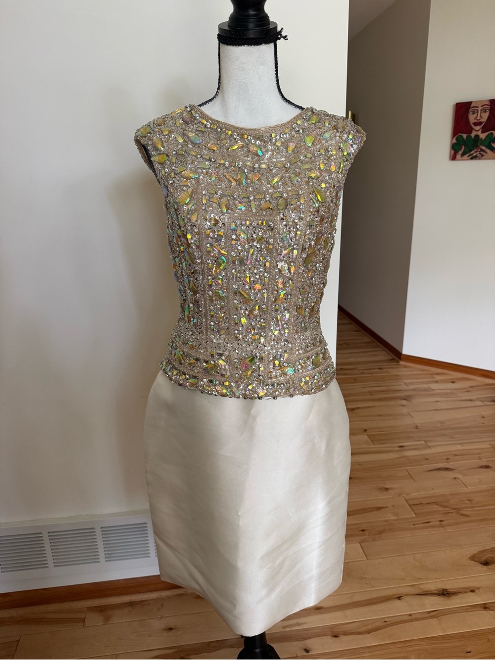 Terani Couture Beaded Champagne and Ivory Midi Dress